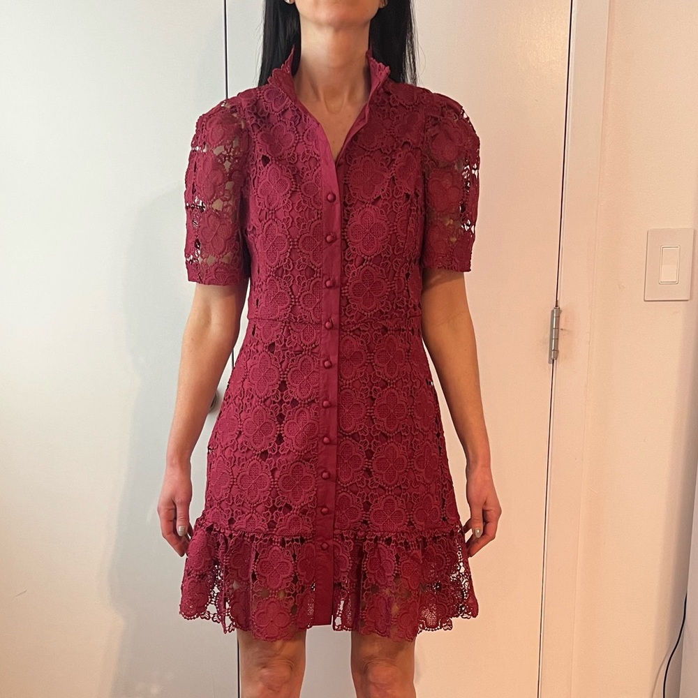 Aqua Burgundy Lace Button-Front Dress